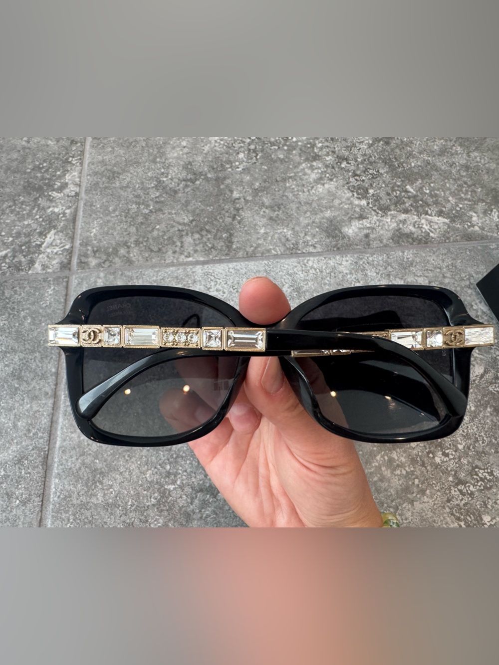 Chanel 5308-B-A Polarized Sunglasses Black Crystal Jewel Square Frame Box Case